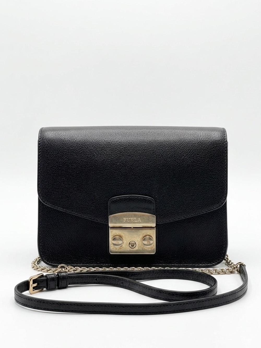 Furla Metropolis Black Saffiano Leather Crossbody Bag Gold Hardware